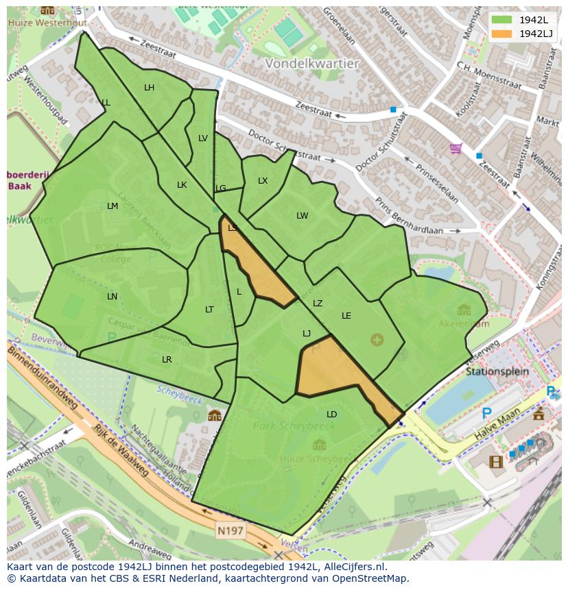 Afbeelding van het postcodegebied 1942 LJ op de kaart.