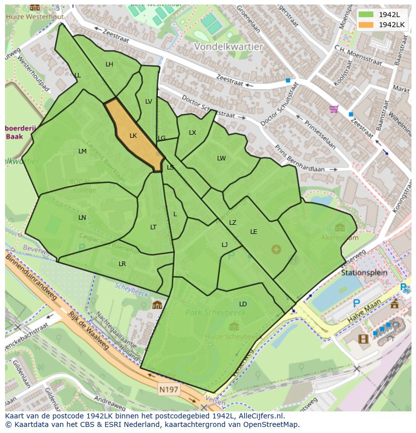 Afbeelding van het postcodegebied 1942 LK op de kaart.
