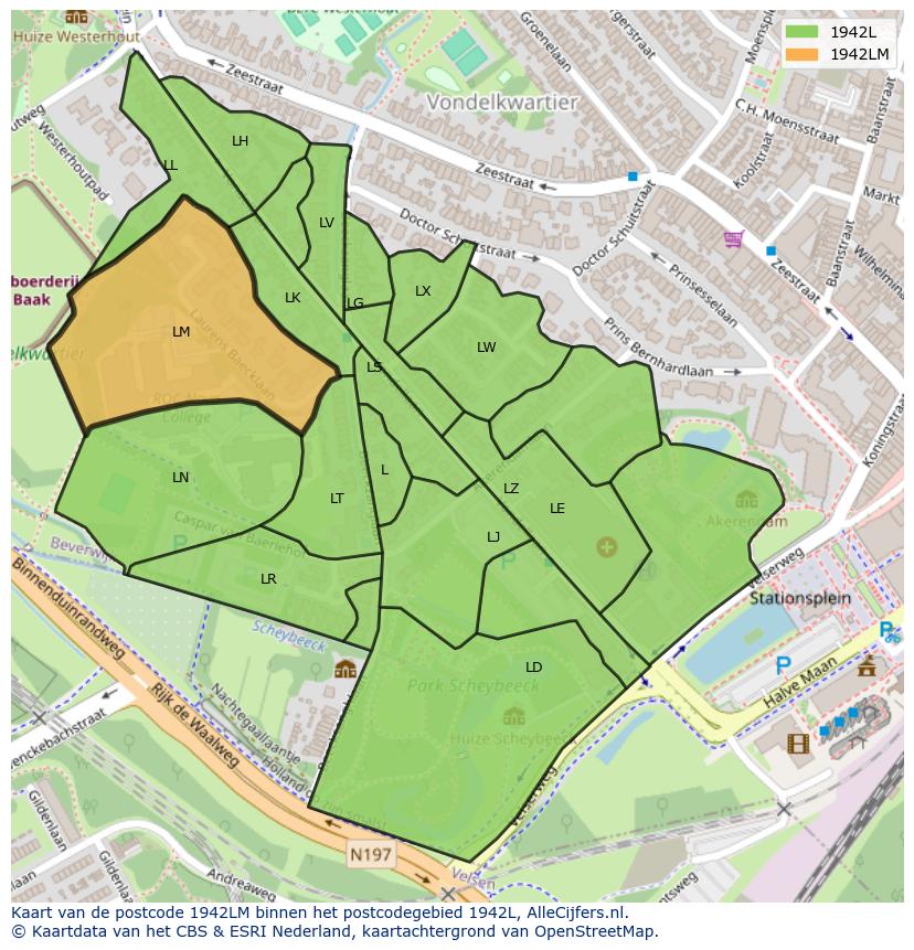 Afbeelding van het postcodegebied 1942 LM op de kaart.