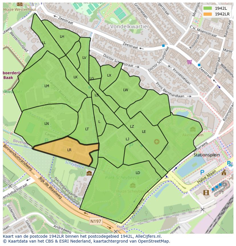 Afbeelding van het postcodegebied 1942 LR op de kaart.