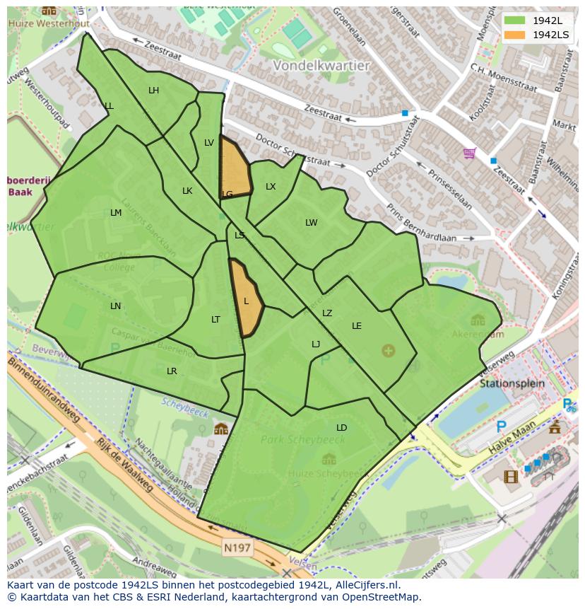 Afbeelding van het postcodegebied 1942 LS op de kaart.