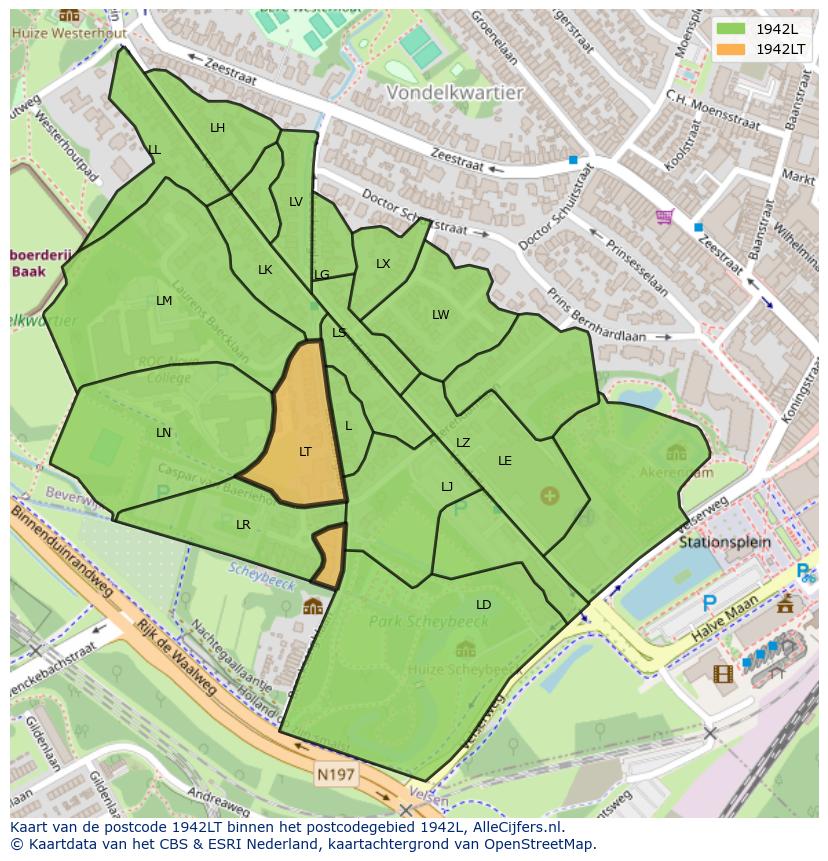 Afbeelding van het postcodegebied 1942 LT op de kaart.