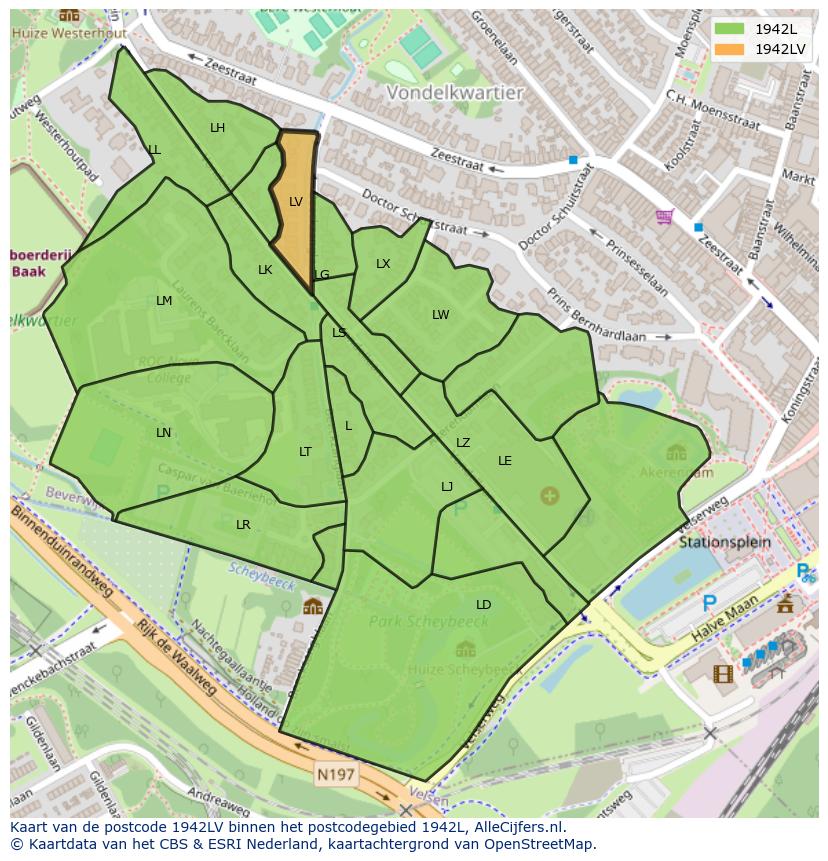Afbeelding van het postcodegebied 1942 LV op de kaart.