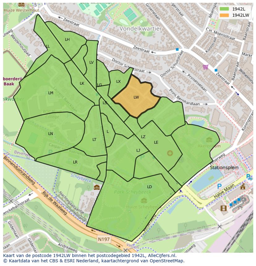 Afbeelding van het postcodegebied 1942 LW op de kaart.