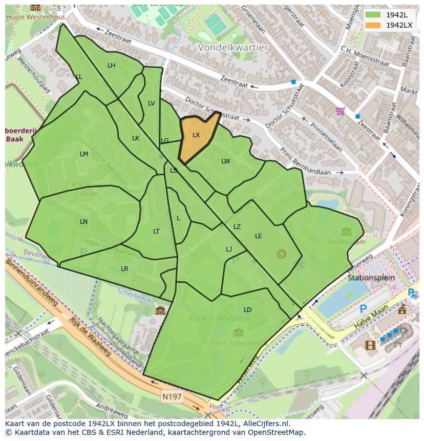 Afbeelding van het postcodegebied 1942 LX op de kaart.
