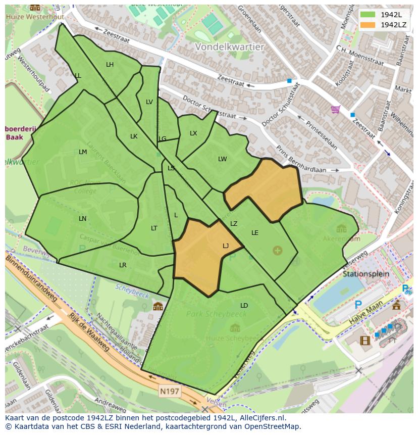 Afbeelding van het postcodegebied 1942 LZ op de kaart.