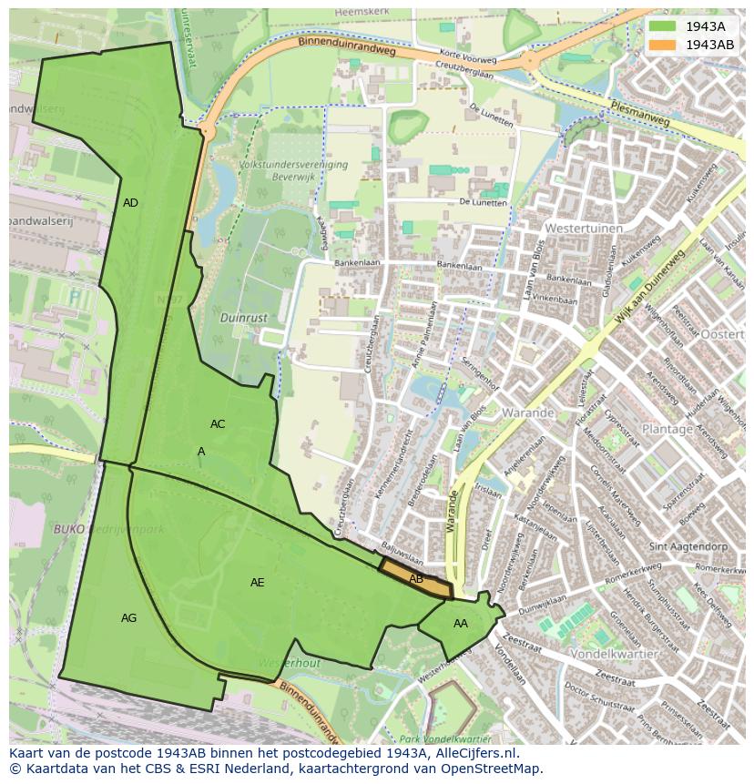 Afbeelding van het postcodegebied 1943 AB op de kaart.