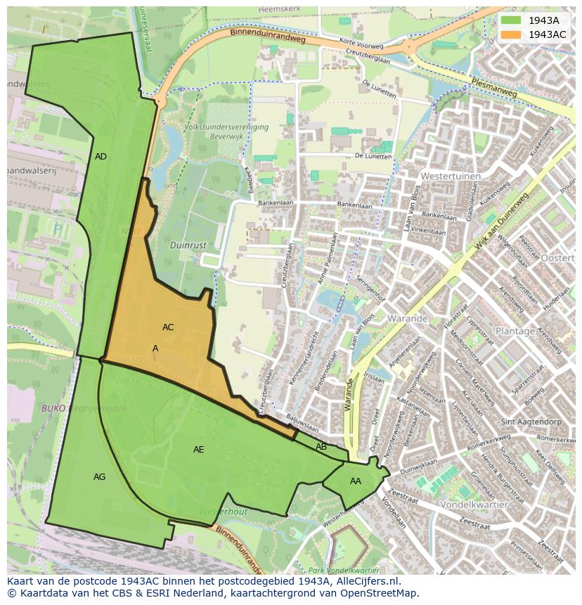 Afbeelding van het postcodegebied 1943 AC op de kaart.