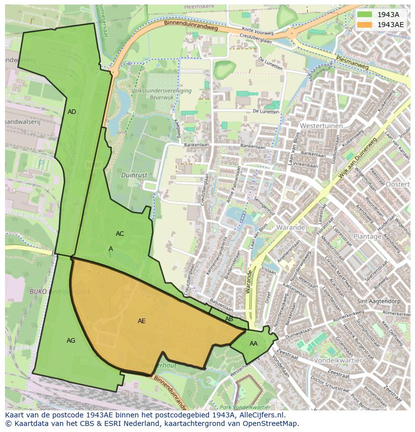 Afbeelding van het postcodegebied 1943 AE op de kaart.