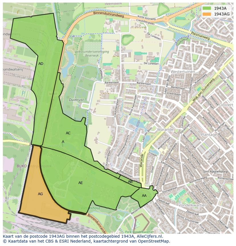 Afbeelding van het postcodegebied 1943 AG op de kaart.