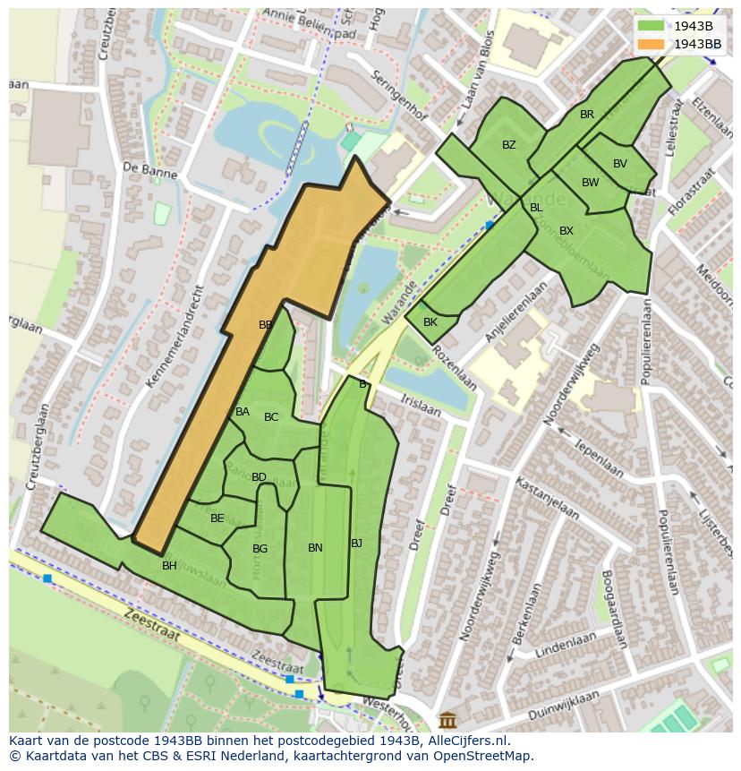 Afbeelding van het postcodegebied 1943 BB op de kaart.