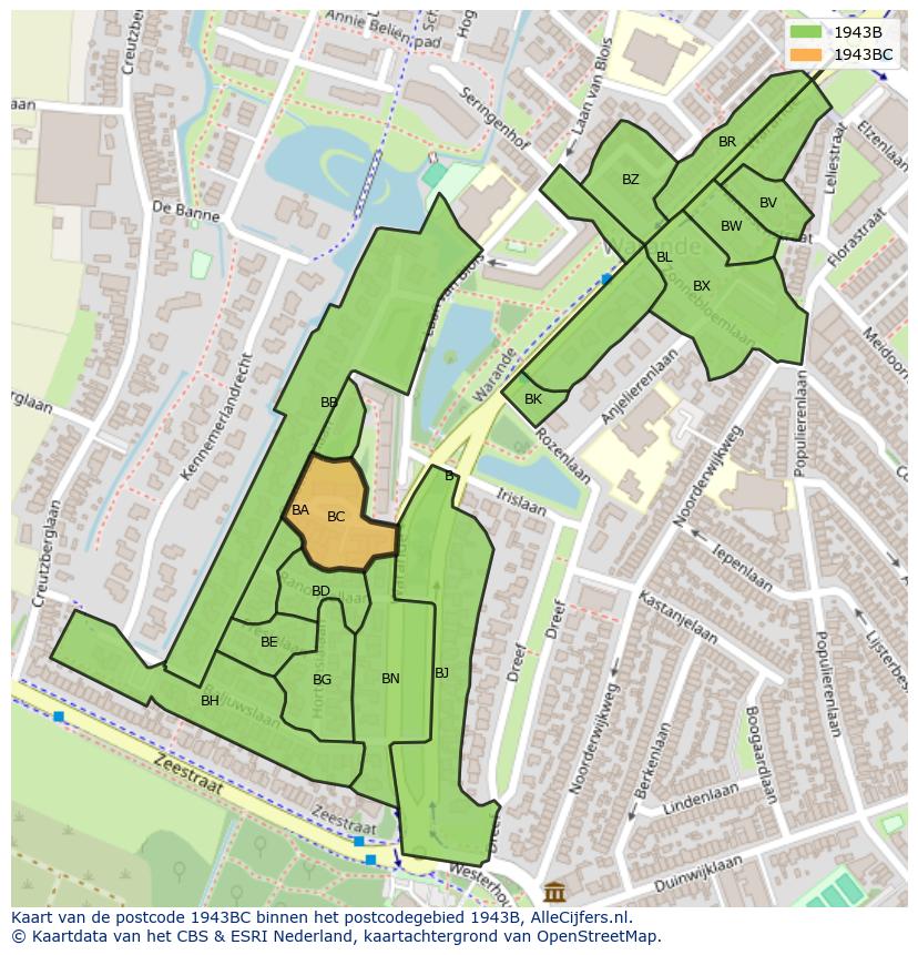 Afbeelding van het postcodegebied 1943 BC op de kaart.