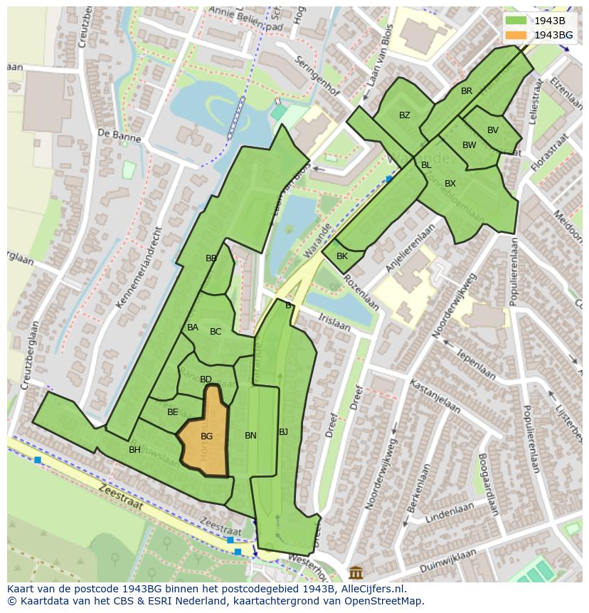 Afbeelding van het postcodegebied 1943 BG op de kaart.