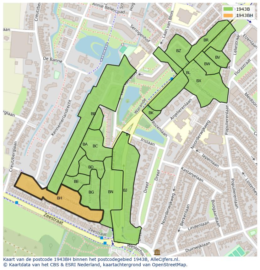 Afbeelding van het postcodegebied 1943 BH op de kaart.