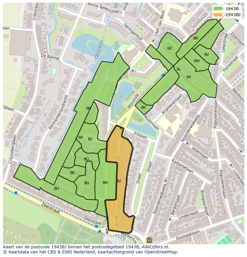 Afbeelding van het postcodegebied 1943 BJ op de kaart.