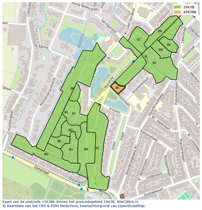 Afbeelding van het postcodegebied 1943 BK op de kaart.