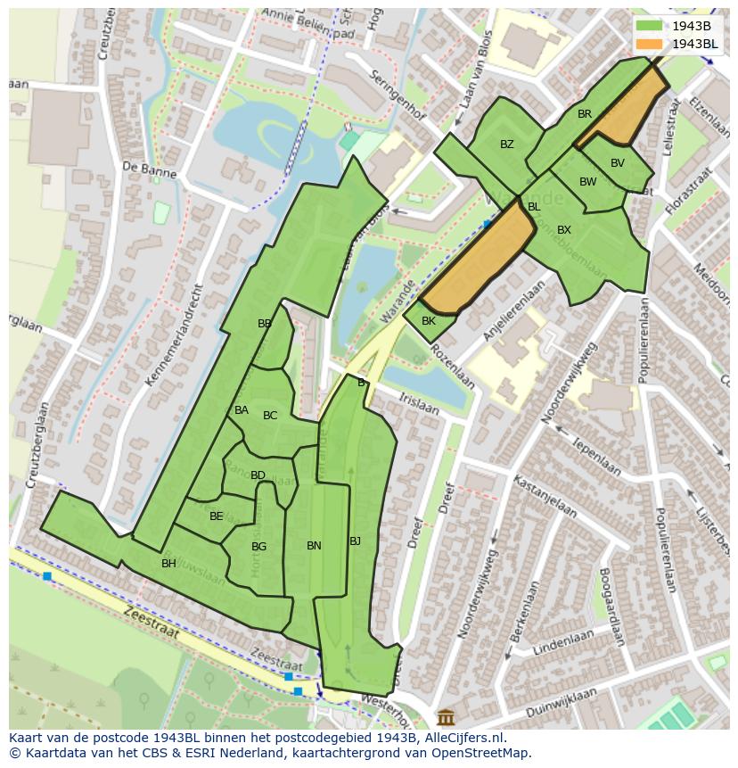 Afbeelding van het postcodegebied 1943 BL op de kaart.