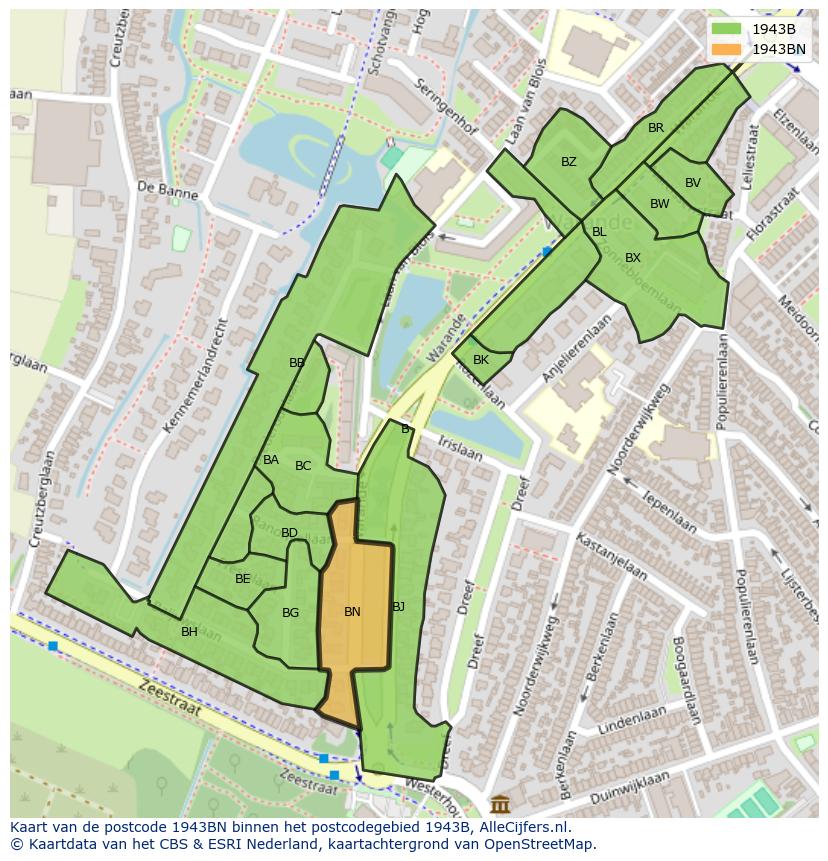 Afbeelding van het postcodegebied 1943 BN op de kaart.