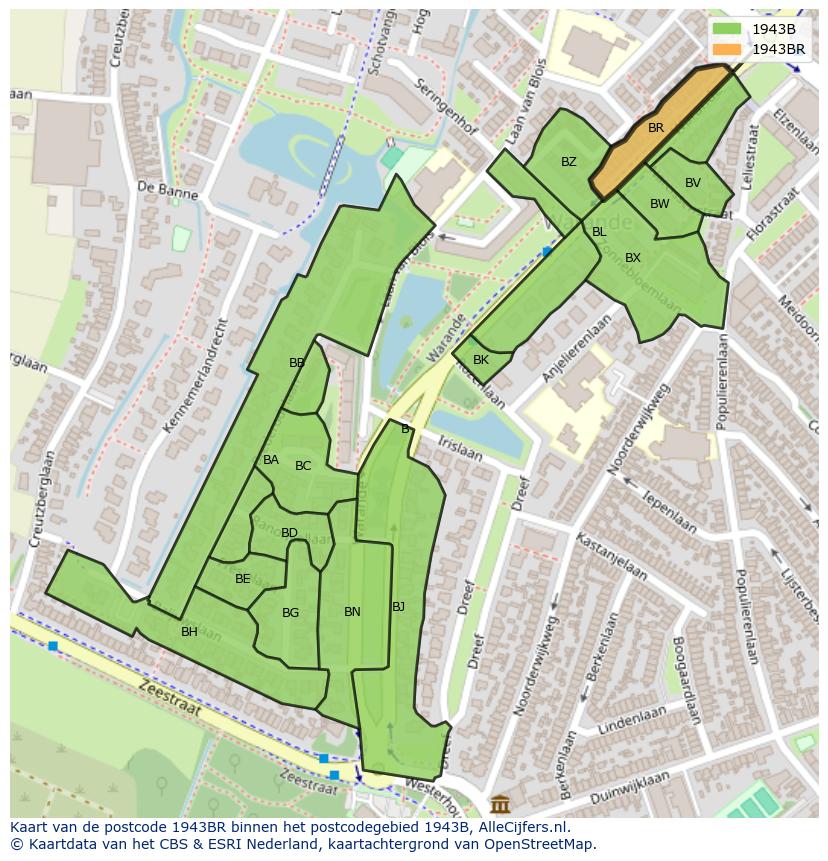 Afbeelding van het postcodegebied 1943 BR op de kaart.