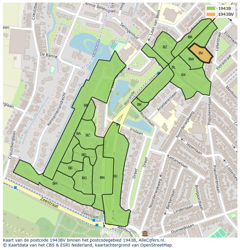 Afbeelding van het postcodegebied 1943 BV op de kaart.