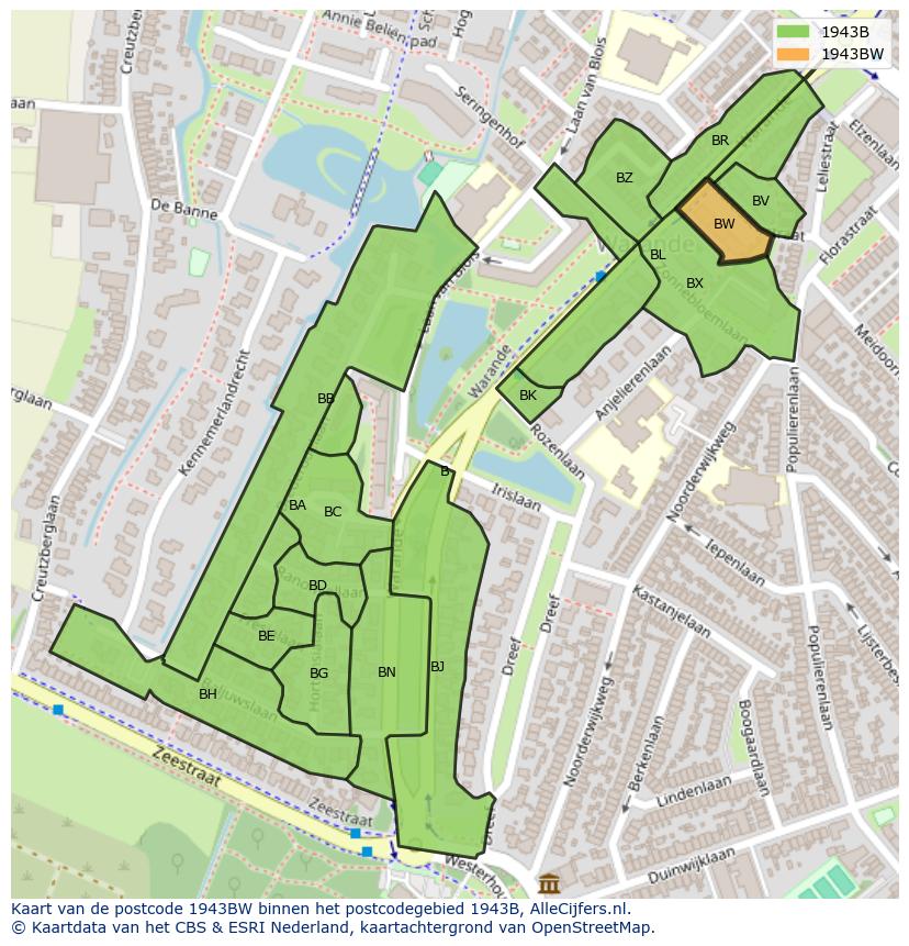 Afbeelding van het postcodegebied 1943 BW op de kaart.