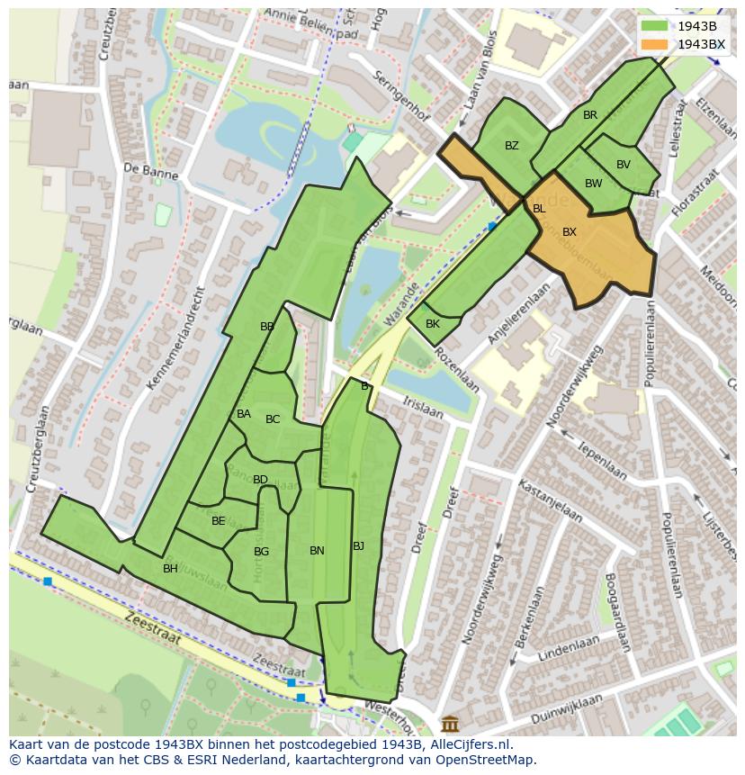 Afbeelding van het postcodegebied 1943 BX op de kaart.