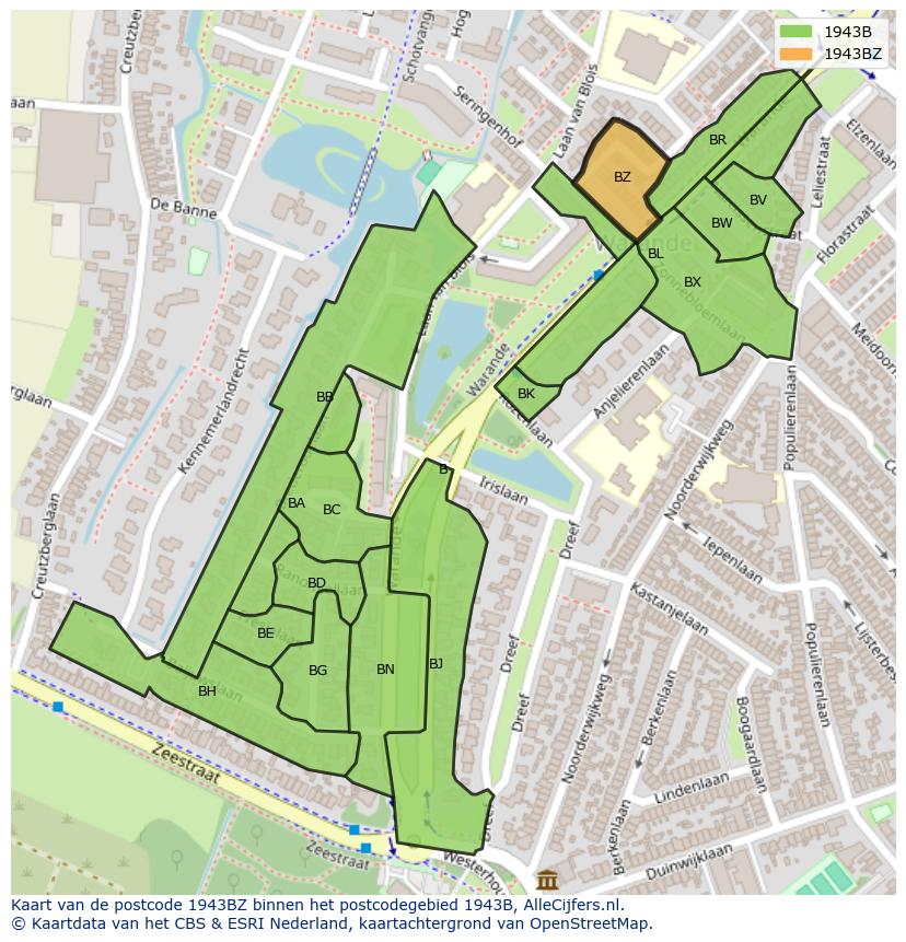 Afbeelding van het postcodegebied 1943 BZ op de kaart.