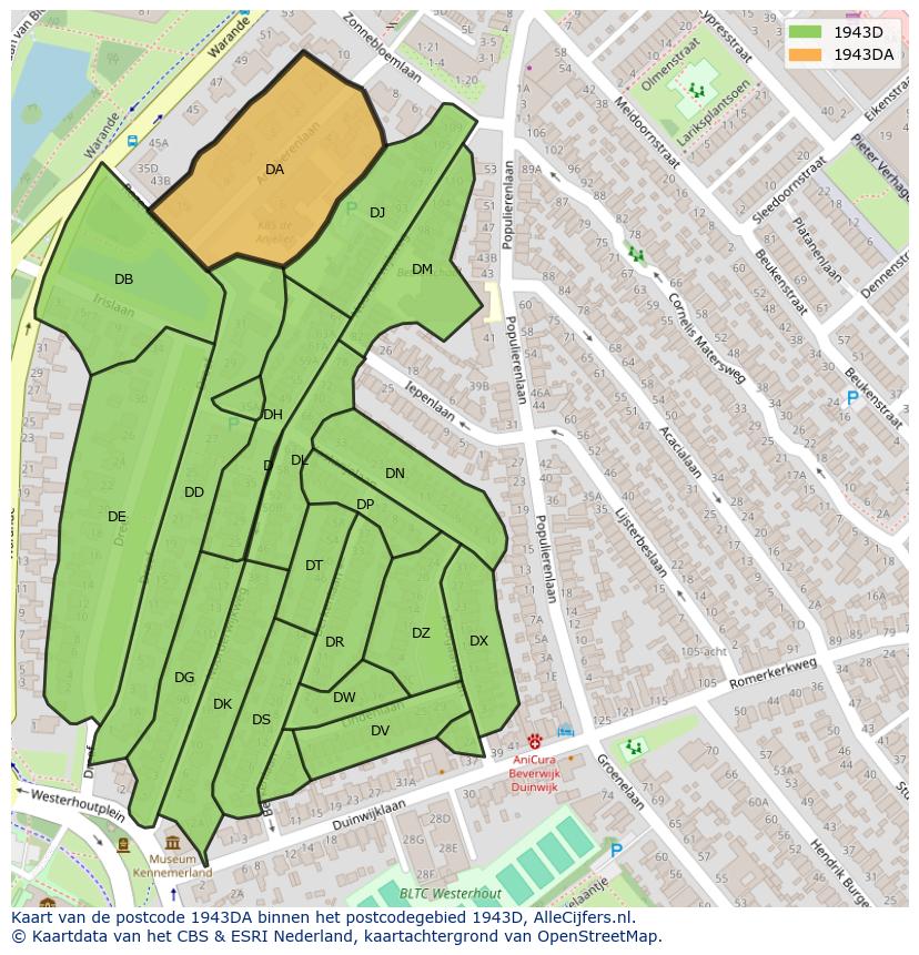 Afbeelding van het postcodegebied 1943 DA op de kaart.