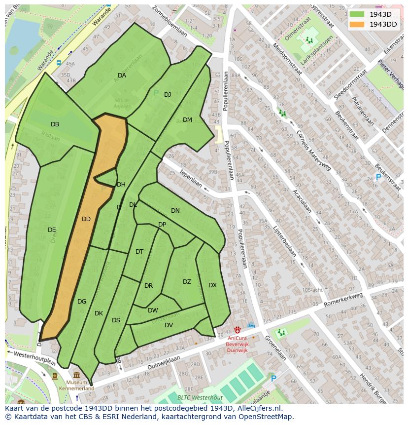 Afbeelding van het postcodegebied 1943 DD op de kaart.