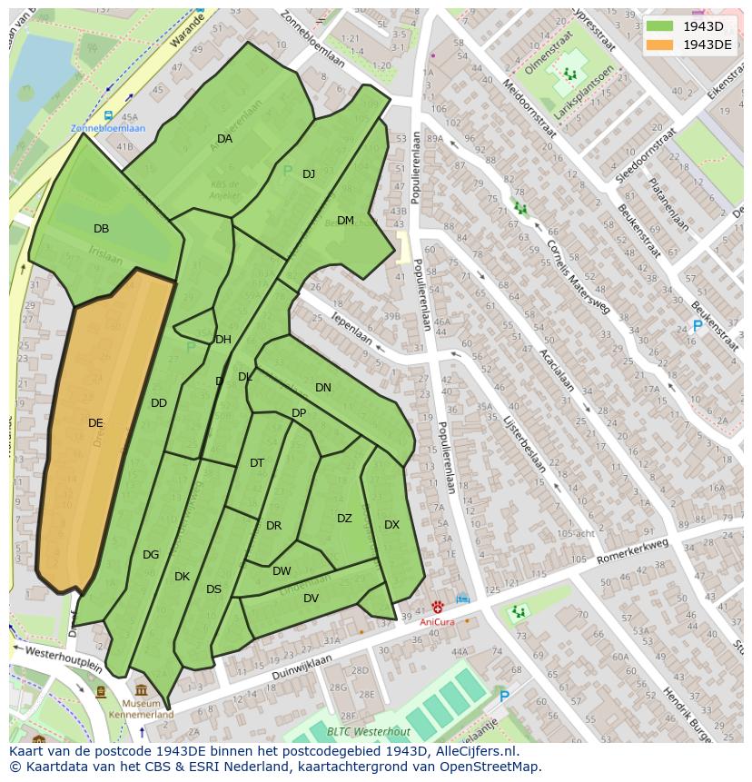 Afbeelding van het postcodegebied 1943 DE op de kaart.