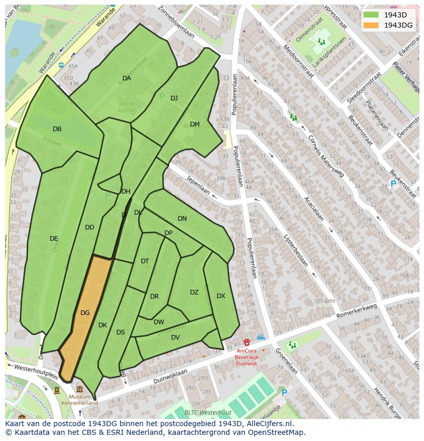 Afbeelding van het postcodegebied 1943 DG op de kaart.