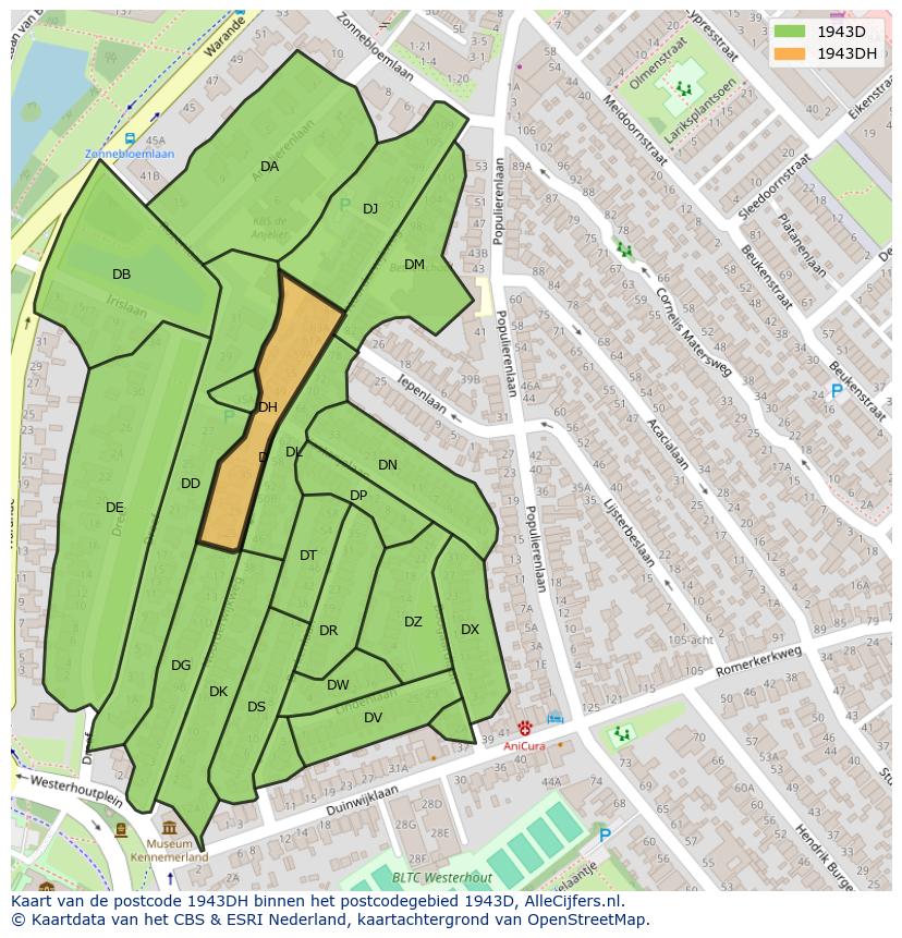 Afbeelding van het postcodegebied 1943 DH op de kaart.