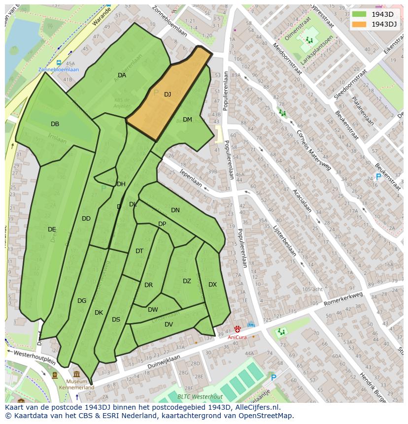 Afbeelding van het postcodegebied 1943 DJ op de kaart.