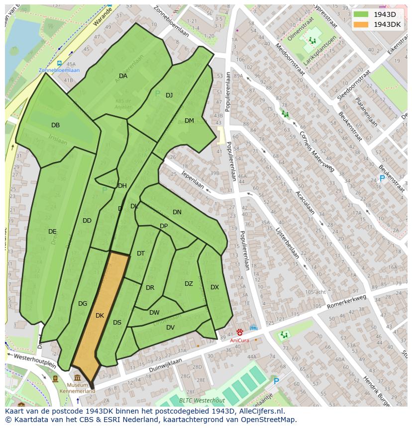 Afbeelding van het postcodegebied 1943 DK op de kaart.