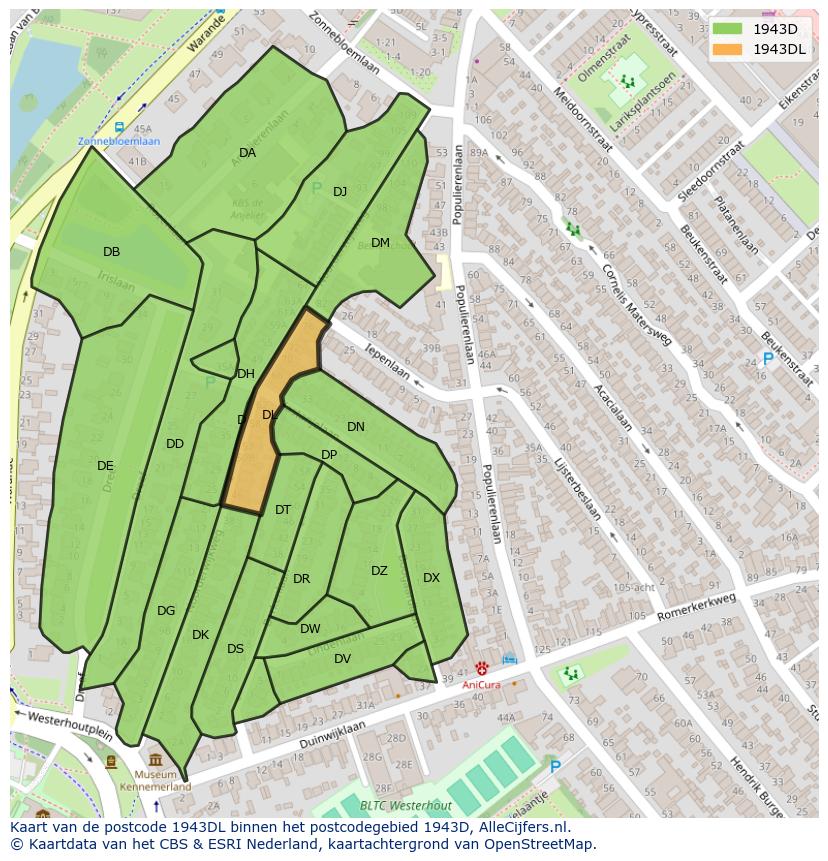 Afbeelding van het postcodegebied 1943 DL op de kaart.
