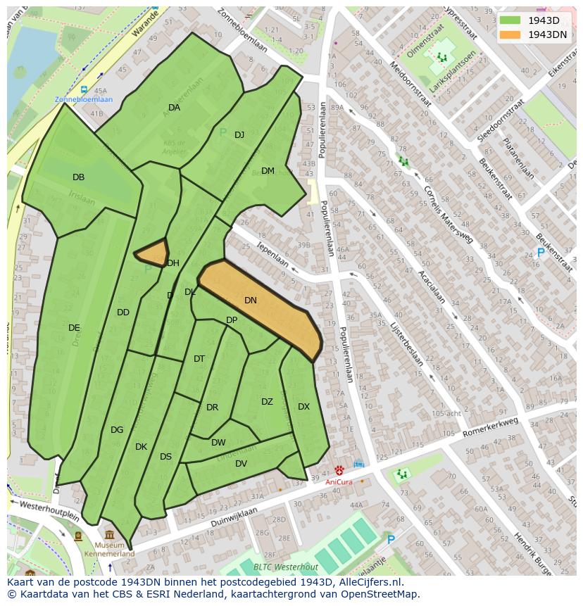 Afbeelding van het postcodegebied 1943 DN op de kaart.