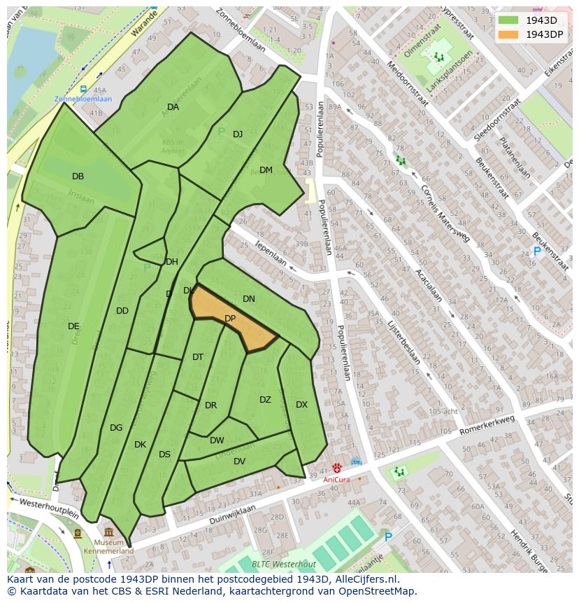 Afbeelding van het postcodegebied 1943 DP op de kaart.