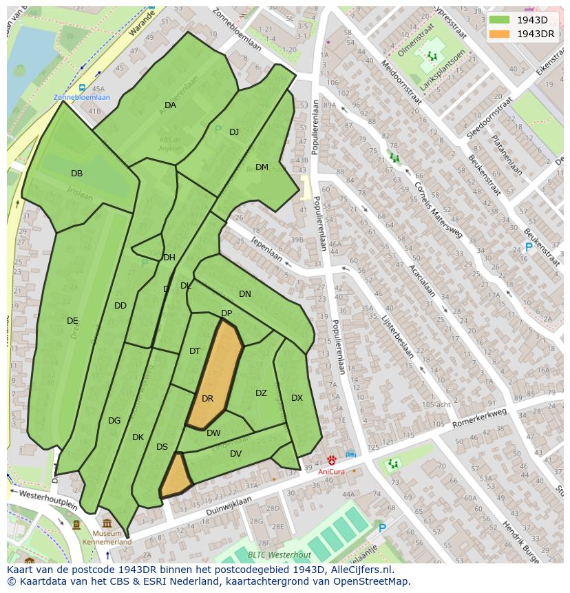 Afbeelding van het postcodegebied 1943 DR op de kaart.