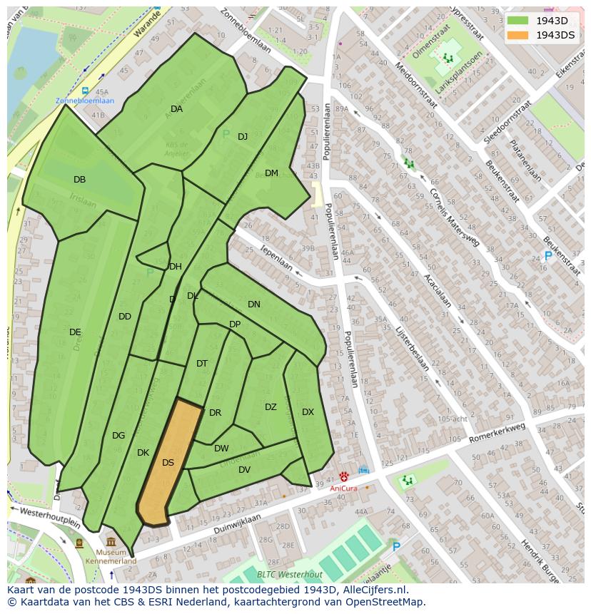 Afbeelding van het postcodegebied 1943 DS op de kaart.