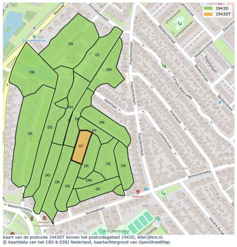 Afbeelding van het postcodegebied 1943 DT op de kaart.