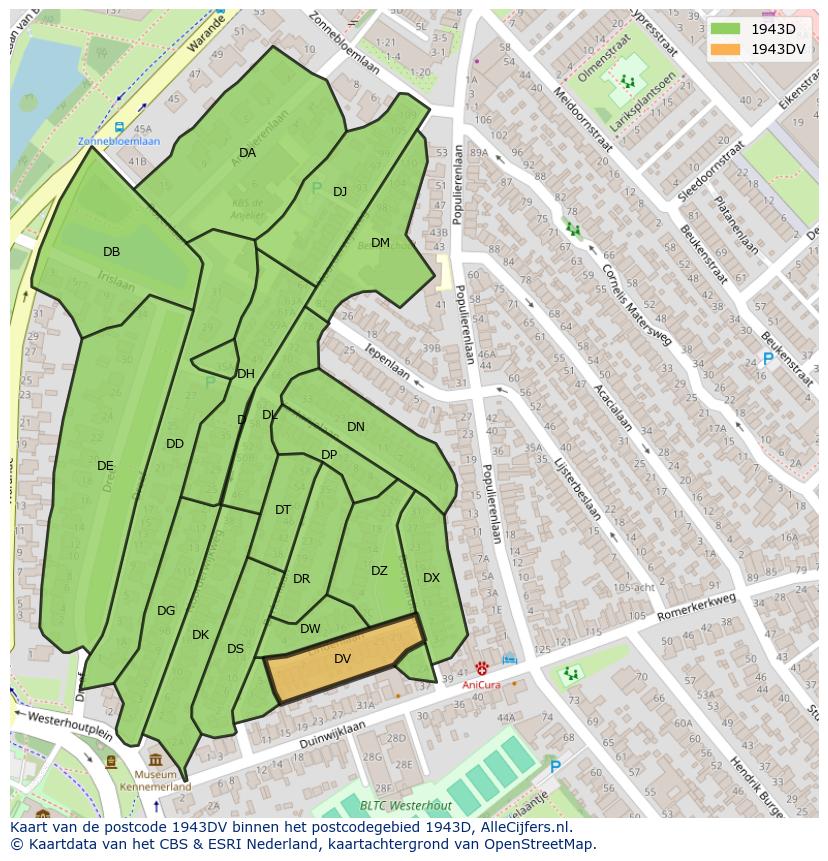 Afbeelding van het postcodegebied 1943 DV op de kaart.