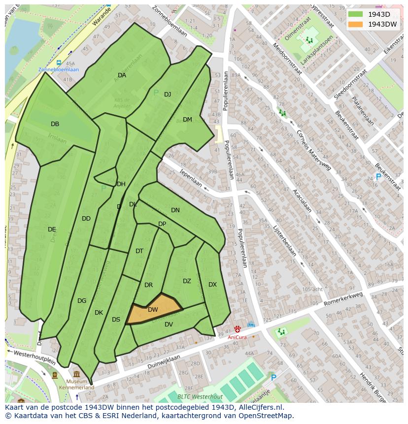 Afbeelding van het postcodegebied 1943 DW op de kaart.