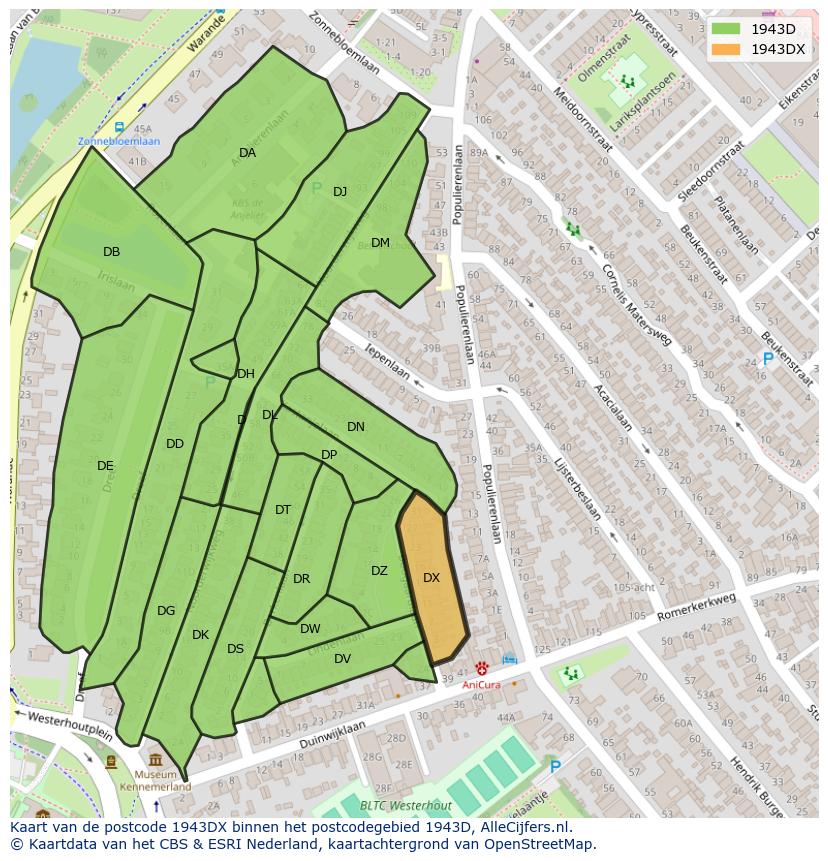 Afbeelding van het postcodegebied 1943 DX op de kaart.