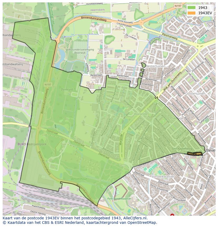 Afbeelding van het postcodegebied 1943 EV op de kaart.