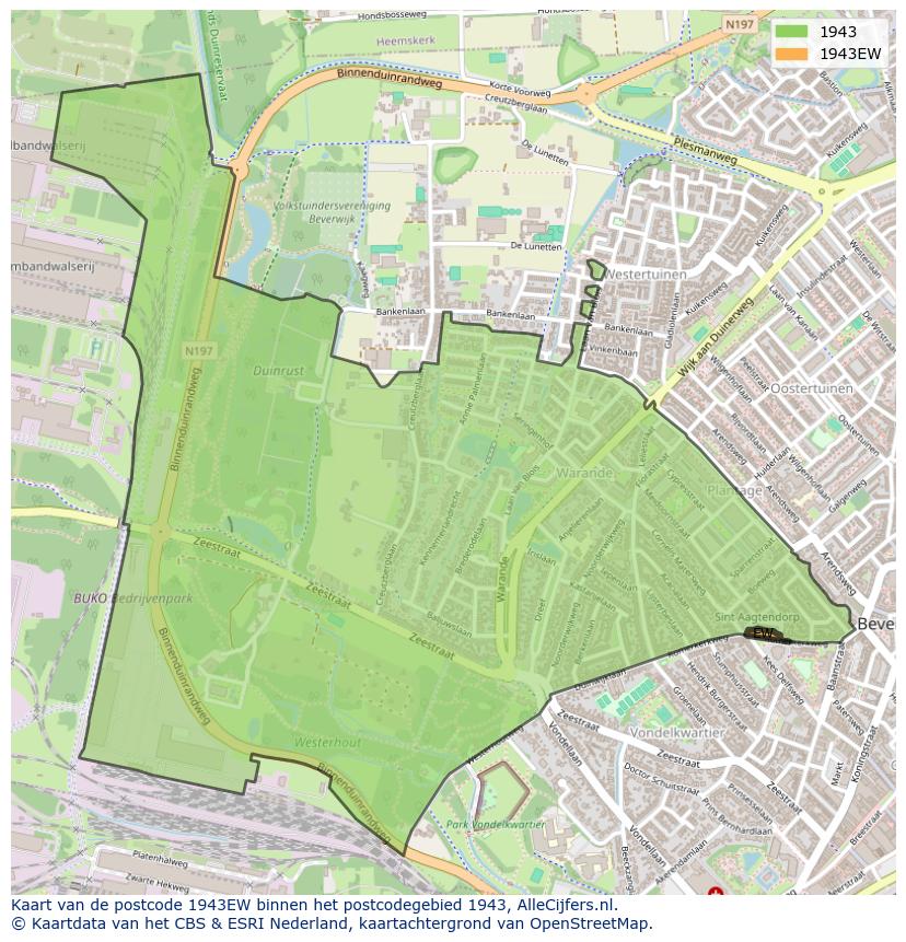 Afbeelding van het postcodegebied 1943 EW op de kaart.