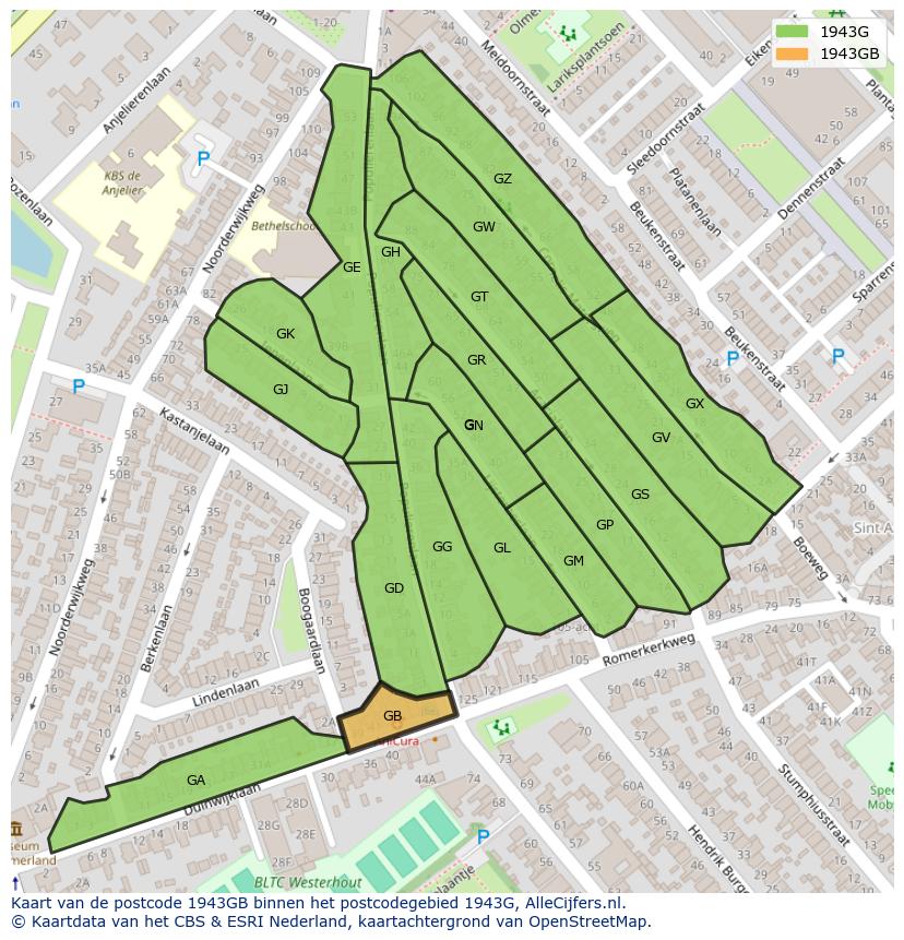 Afbeelding van het postcodegebied 1943 GB op de kaart.