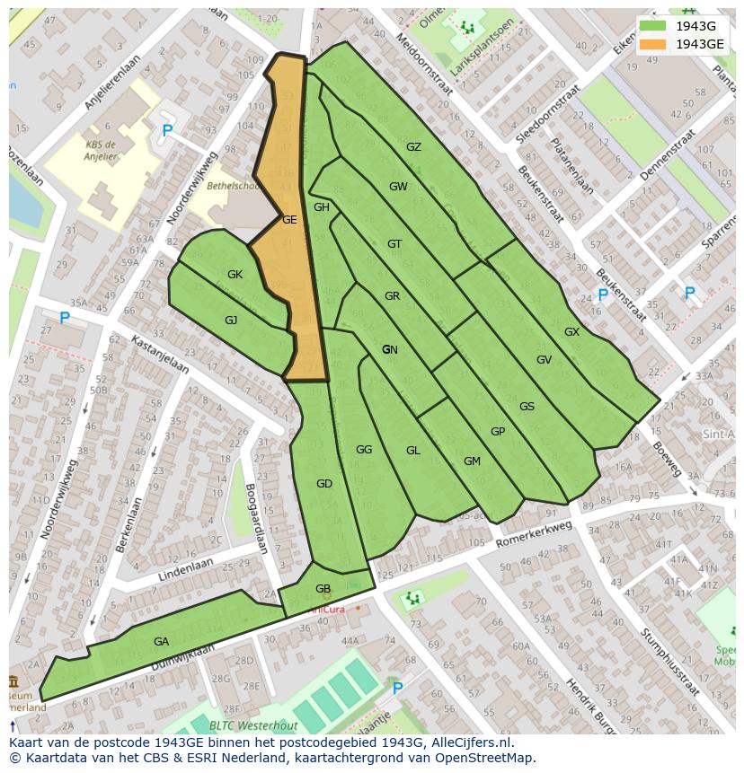 Afbeelding van het postcodegebied 1943 GE op de kaart.