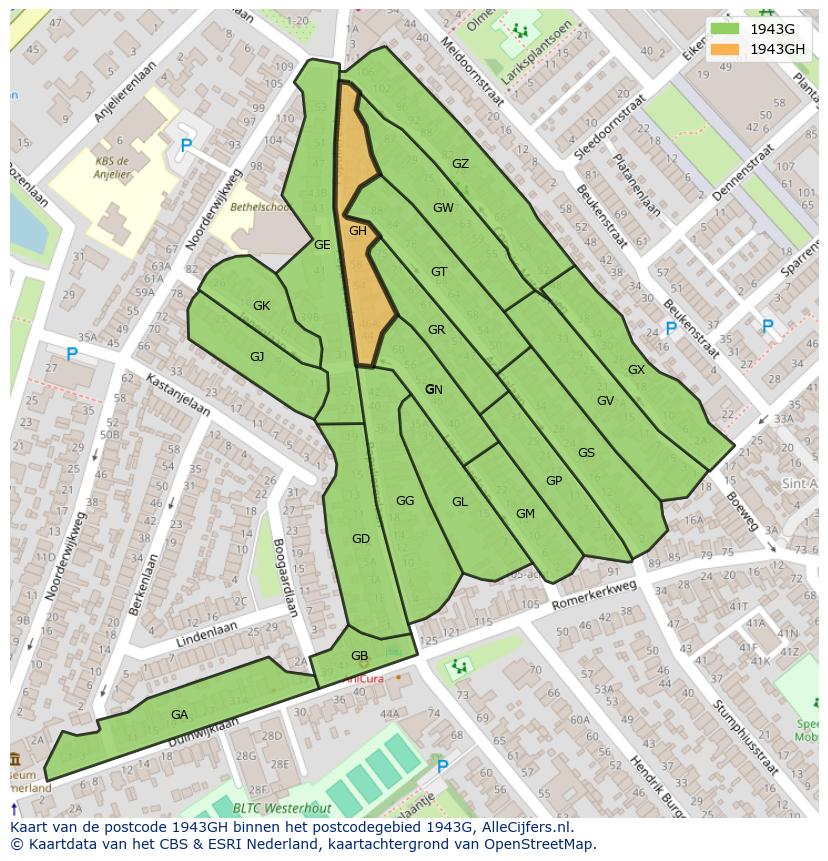 Afbeelding van het postcodegebied 1943 GH op de kaart.