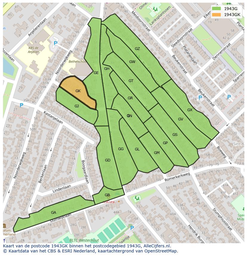 Afbeelding van het postcodegebied 1943 GK op de kaart.