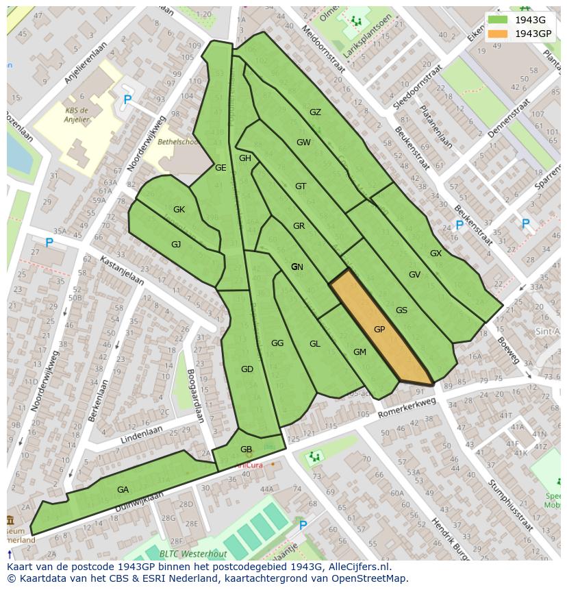 Afbeelding van het postcodegebied 1943 GP op de kaart.